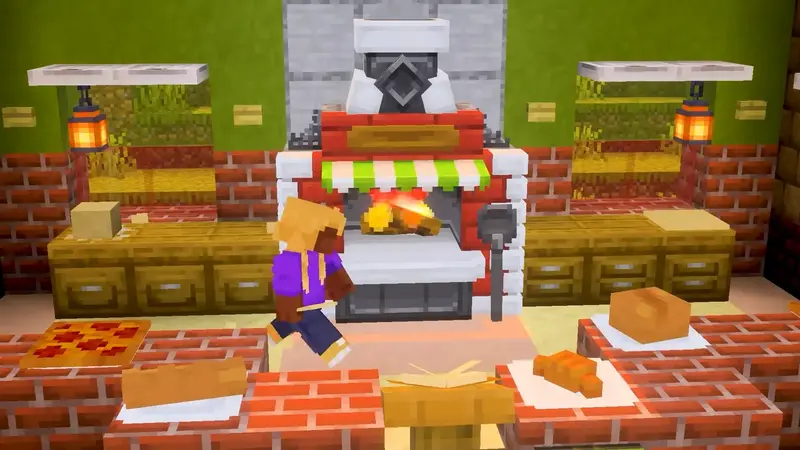 Minecraft player holding a raw pizza in a kitchen with a brick oven and various baked goods.