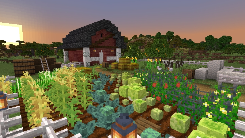 A Minecraft farm featuring a crop field, a red barn, and a sunset