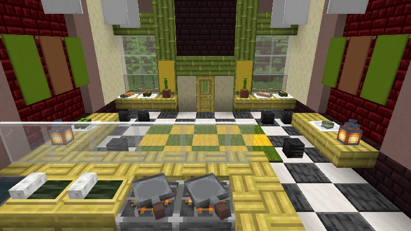 A detailed Minecraft sushi restaurant interior with bamboo decor and a skillet station
