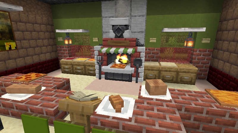 A Minecraft pizzeria interior showing a burning brick oven and a food-filled counter