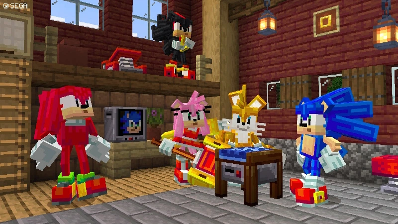 A Minecraft scene with Knuckles, Amy, Tails, and Sonic around a crafting table, with Shadow on a ledge.